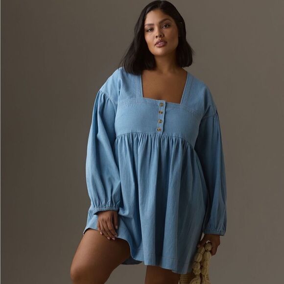 By Anthropologie Long-Sleeve Square-Neck
Denim Babydoll Mini Dress |Size: Medium - Picture 5 of 7